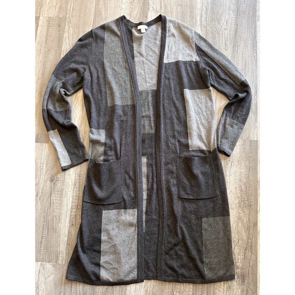 J. Jill Sweater Women XS Gray‎ Check Open Cardigan Long Sleeve Pockets Bamboo